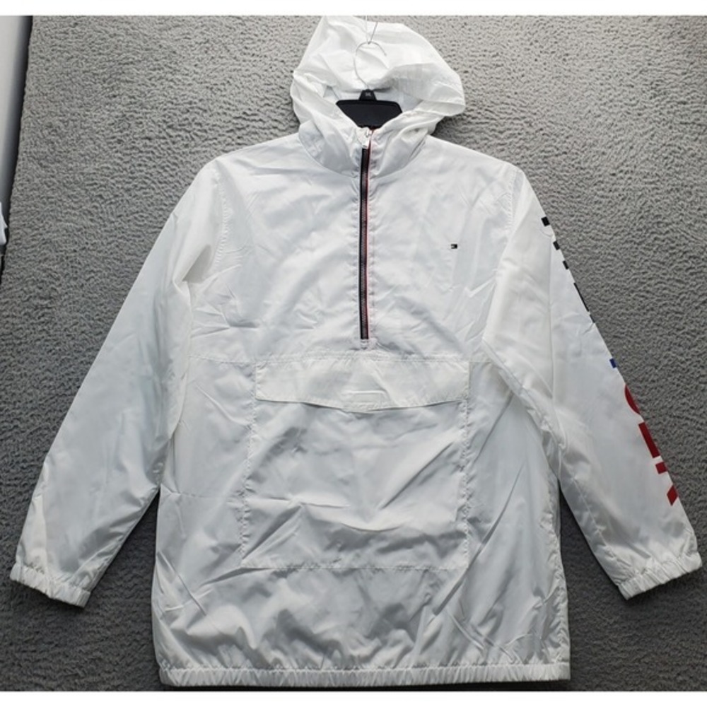 Tommy Hilfiger Windbreaker Rain Jacket Youth XL White Hood Thermal Lined 1/4 Zip